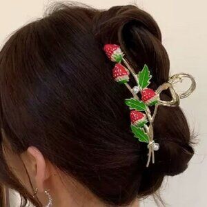 Goldtone Metal Strawberry Faux Pearl Claw Hair Clip
